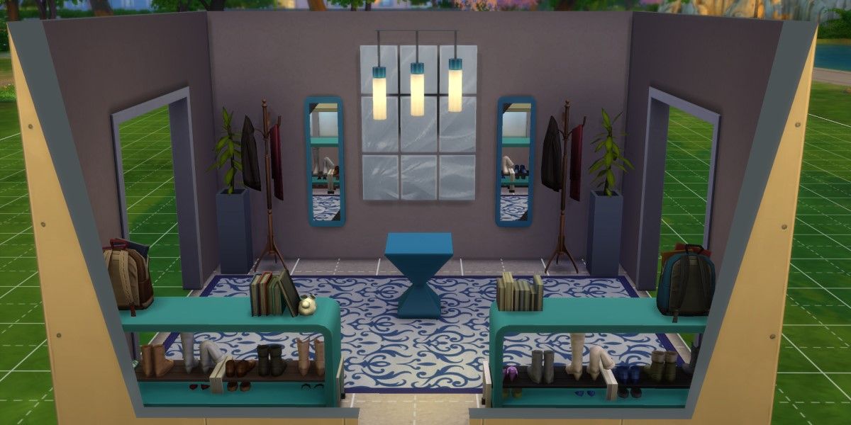 The interior of a house in The Sims 4 showing decor involving bookshelves, coat racks, windows, and flourescent lighting