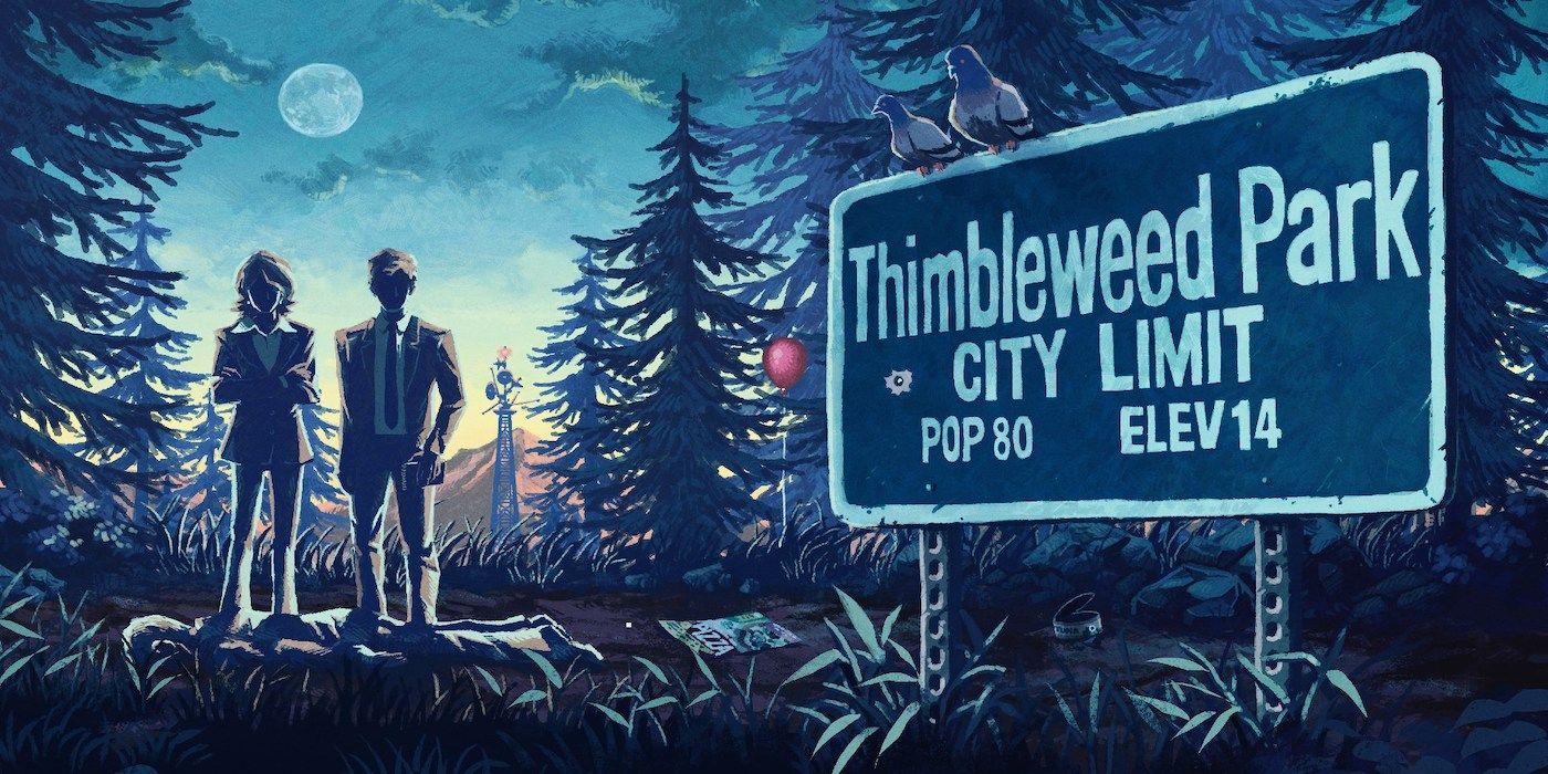 The cover art for Thimbleweed Park featuring agents Ray and Reyes standing beside wilderness, a red balloon, and the sign for Thimbleweed Park with its population number of "80" displayed. 