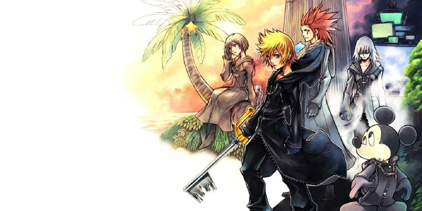 Kingdom Hearts 358 2 Days title art with Roxas, Xion, Riku, and Mickey
