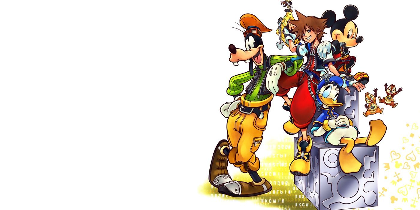 Kingdom Hearts Re:Coded title art with Sora, Donald, Goofy and Mickey 