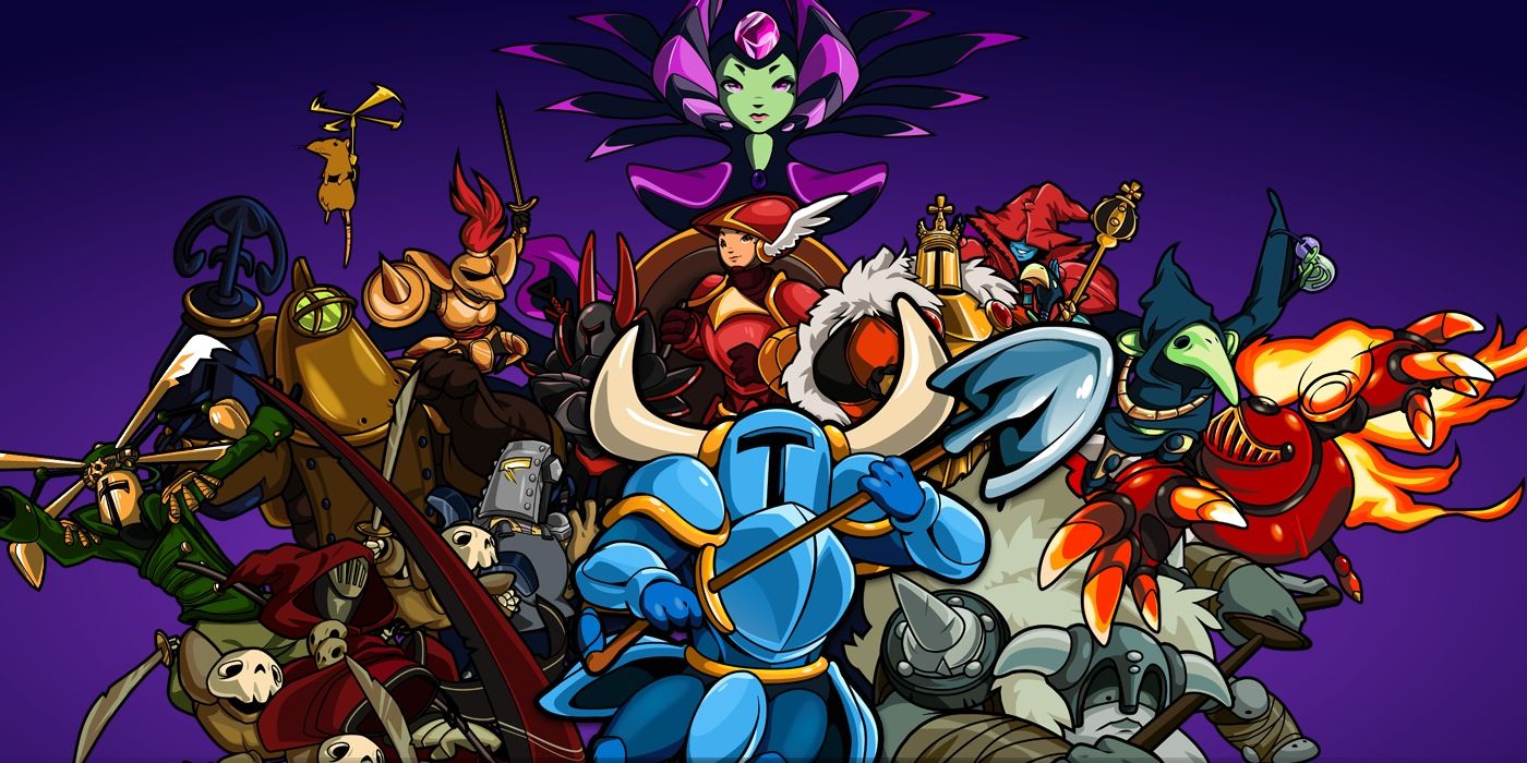Shovel Knight artwork featuring all the characters and enemies bunched together to a purple background