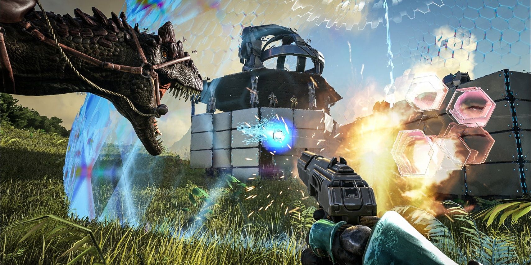 Ark Survival Evolved Player Shooting Barrier with Dinosaur attacking the barrier