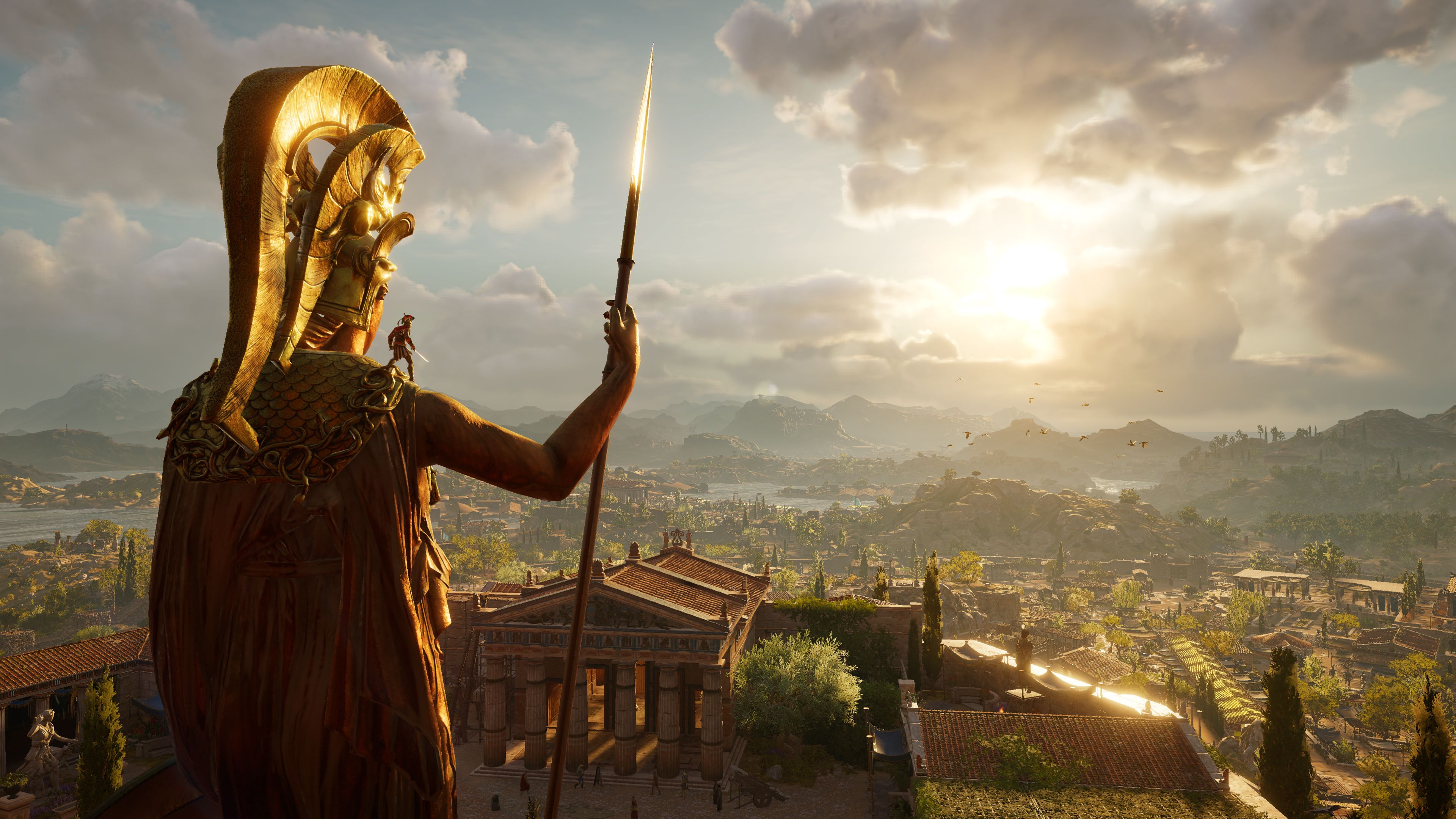 Assassin's Creed Odyssey protagonist on giant statue