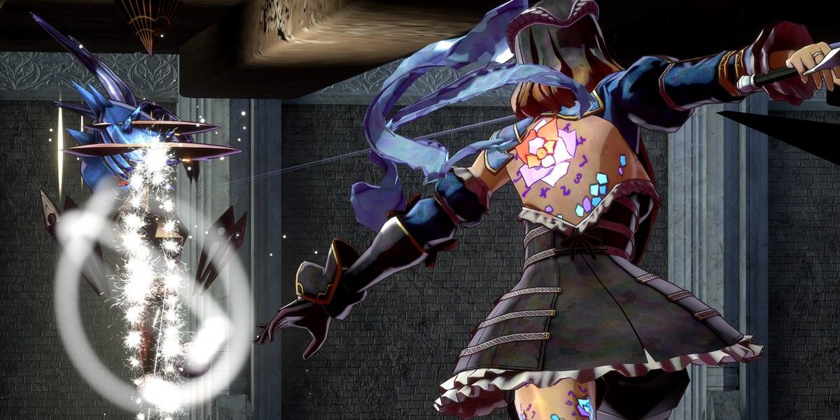 Bloodstained: Ritual of the Night epic battle scene with shimmering magic orbs