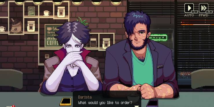 Characters Hyde and Gala sitting on table, about to ask something to the barista.