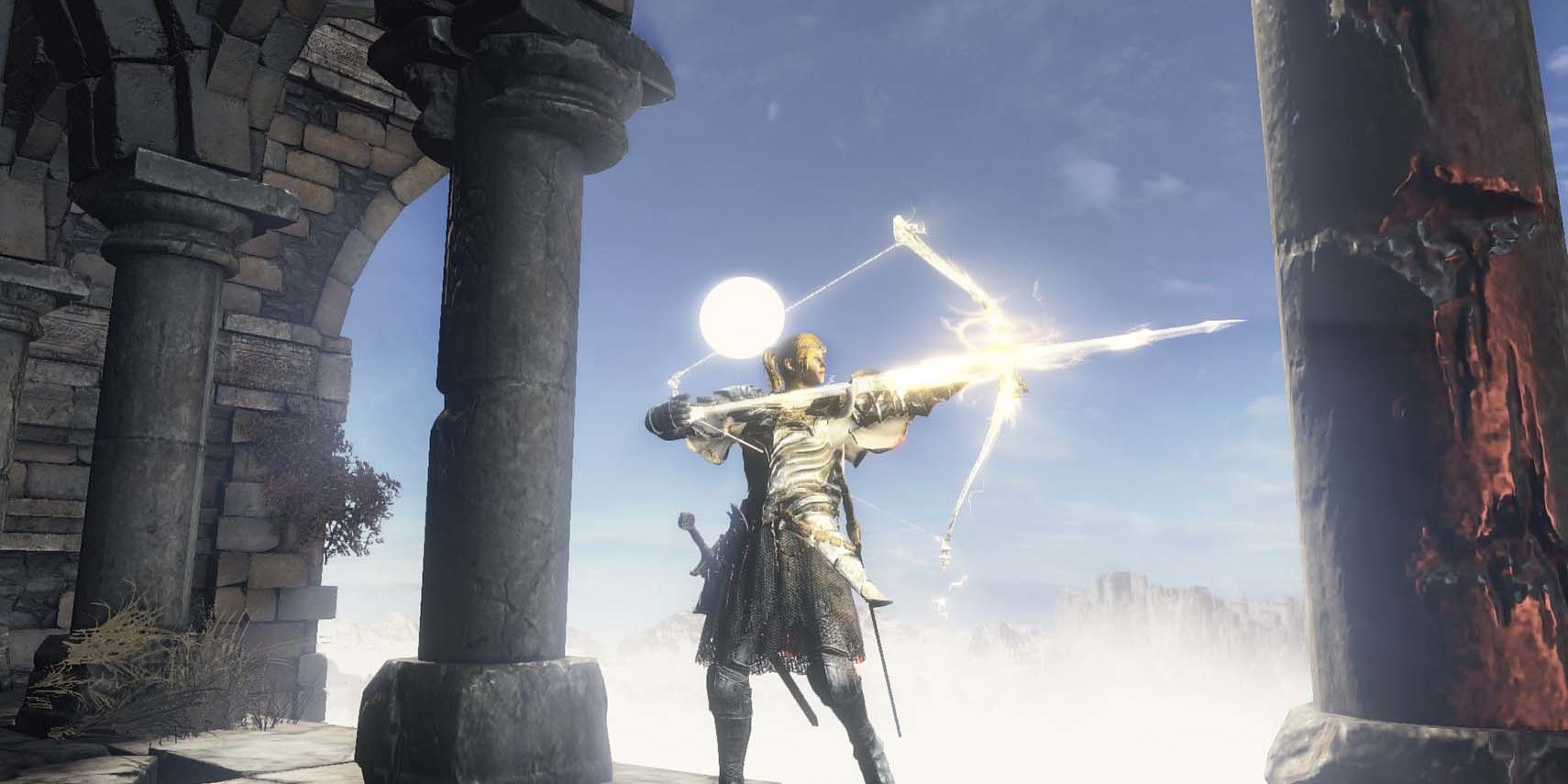 A character creating a shining bow and arrow from light.