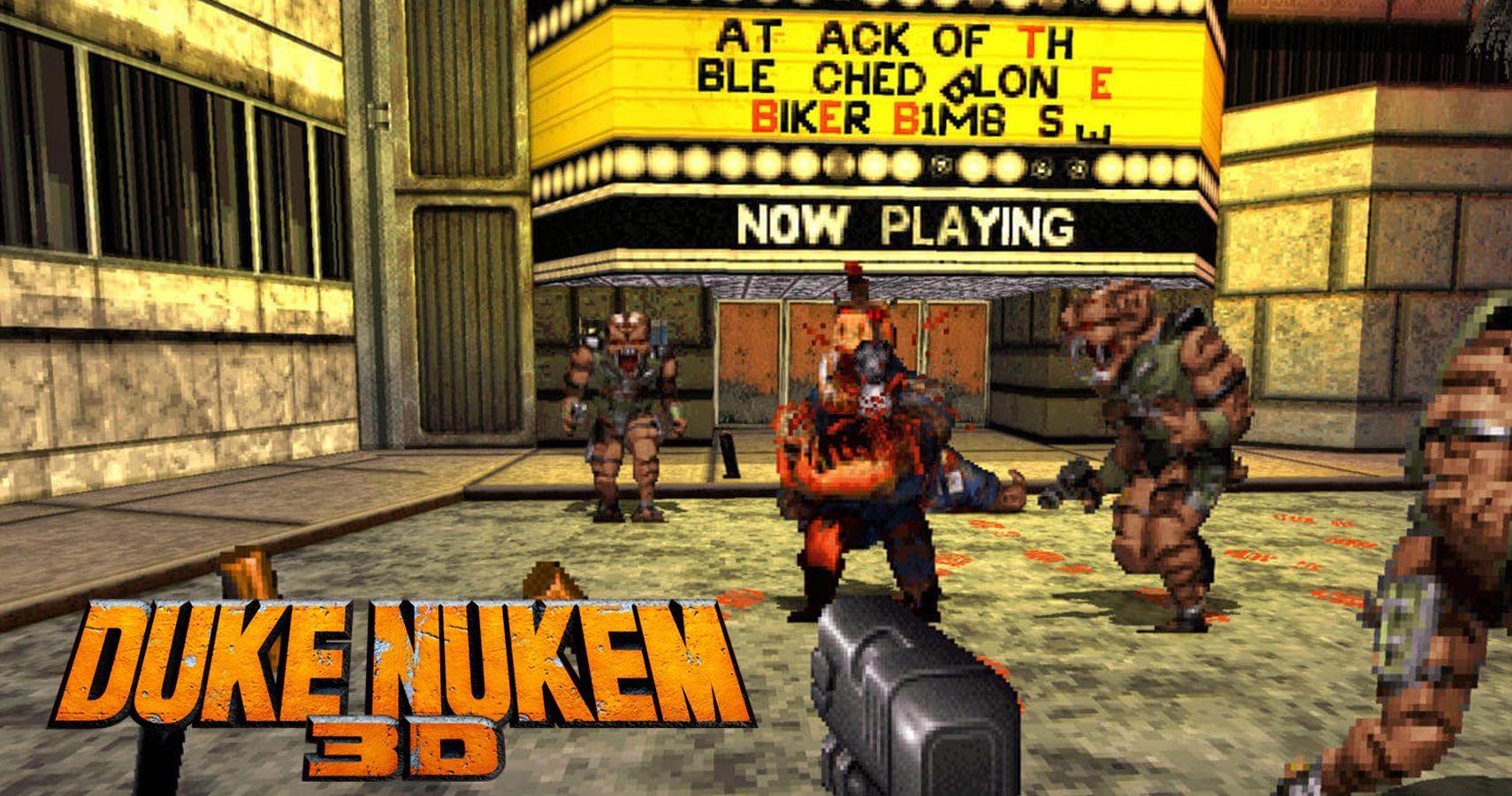 Duke Nukem 3d In game screenshot with logo in foreground