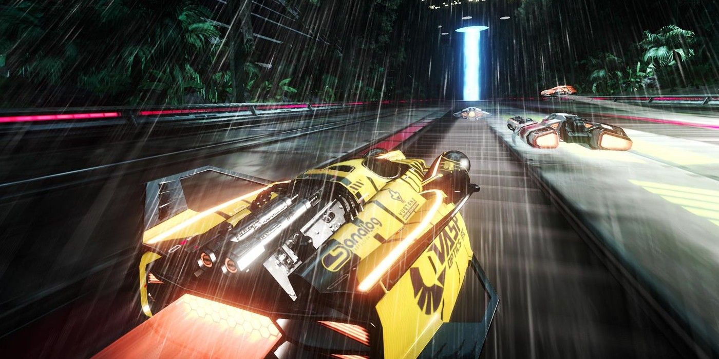Yellow racer in rain soaked stage in Fast RMX.