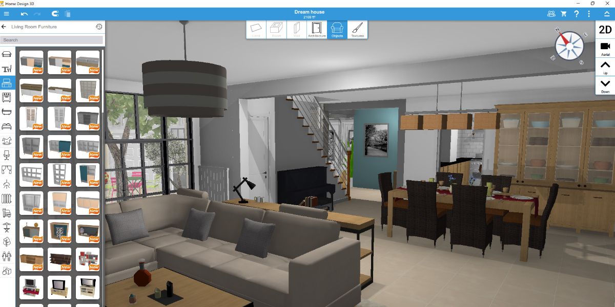A 3D screenshot of a home design with a furniture menu on the lower left and an image of an open lounge and dining room on the right.