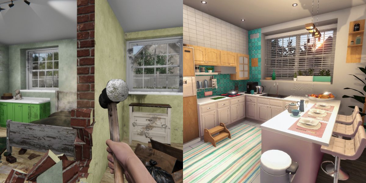 A split image of the House Flipper. A rundown house being demolished on the left, a beautiful new kitchen on the right.