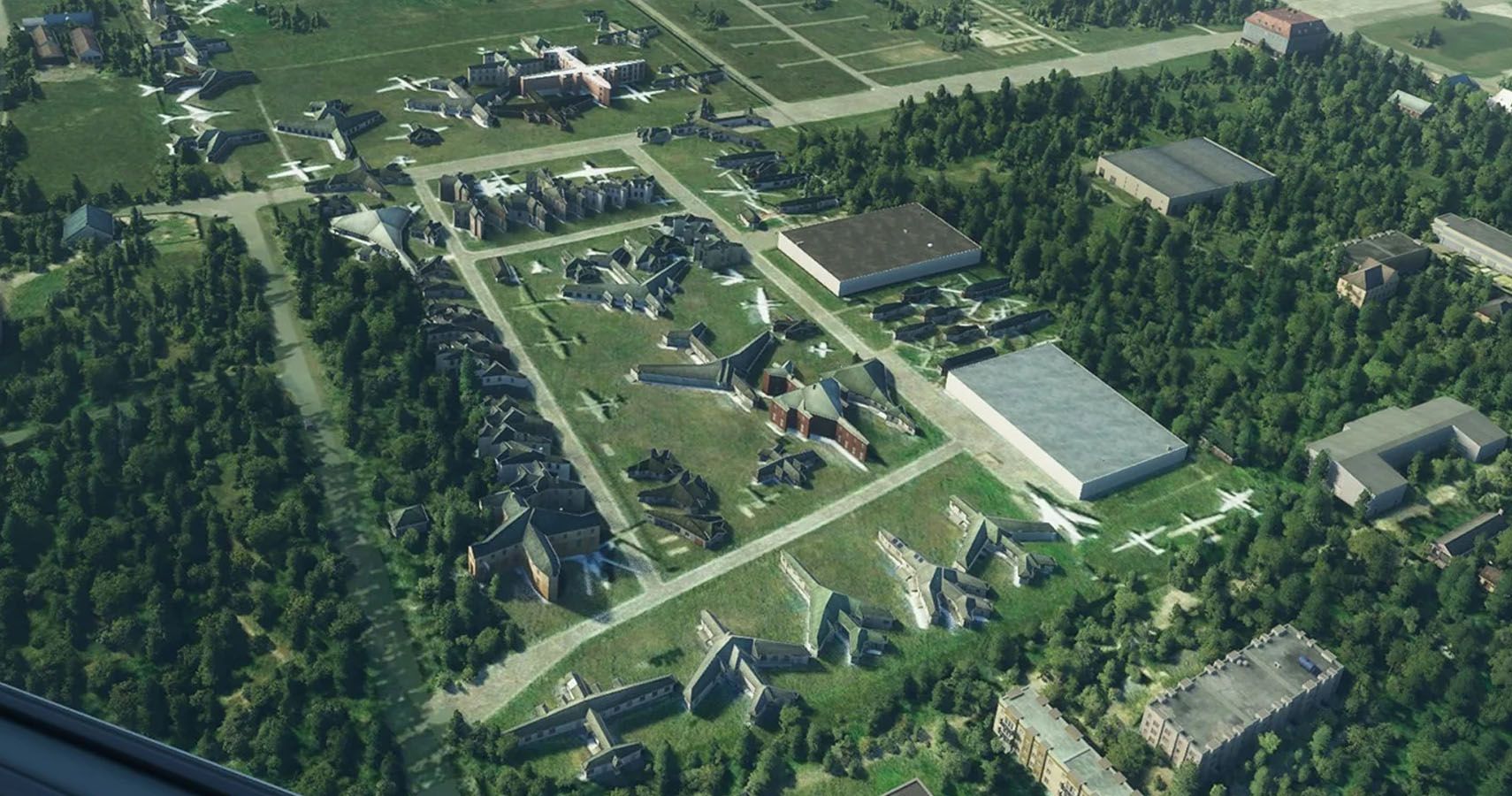 Monino Aircraft Museum in MSFS 2020 appearing as plane shaped houses.