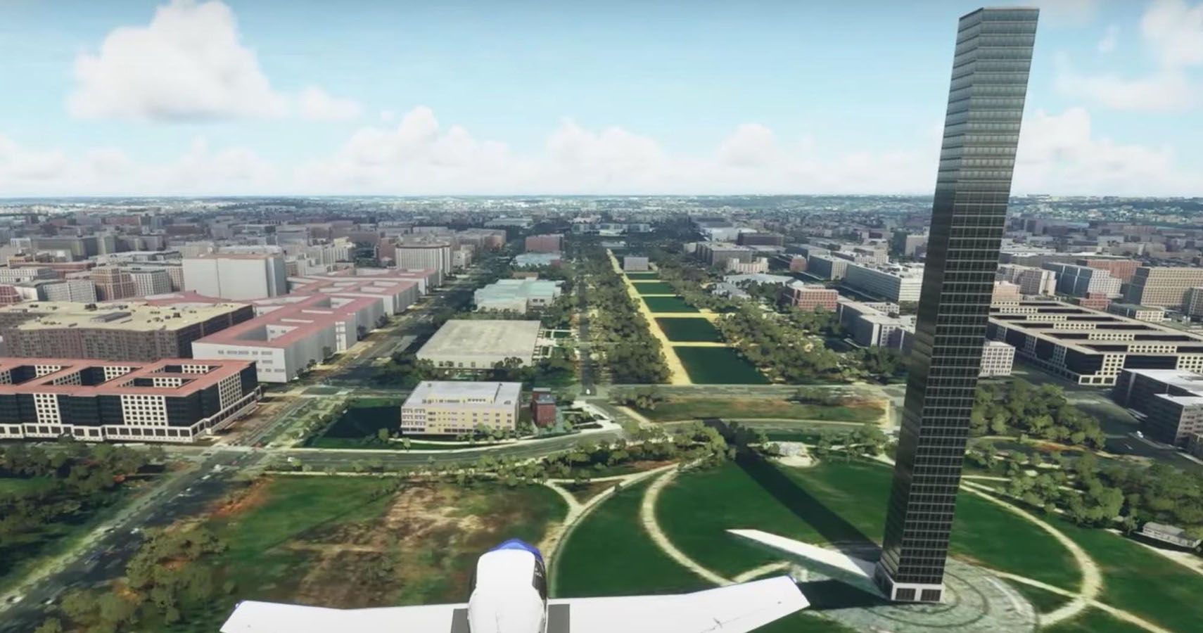 MSFS 2020 Washington Monument replaced by a large tower block.