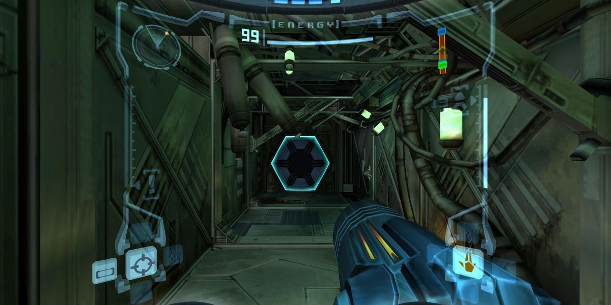 Metroid Prime gameplay screenshot in a corridor