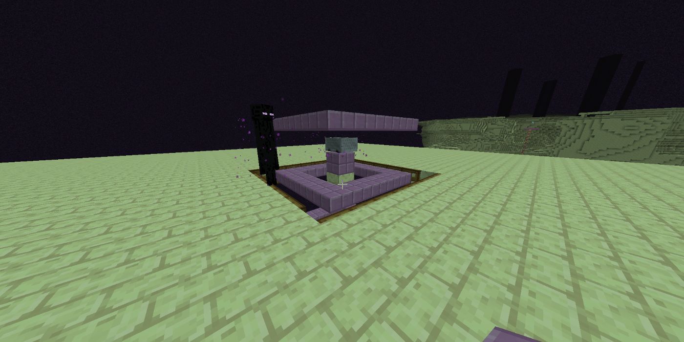 Minecraft Enderman standing by an Enderman farm in the End
