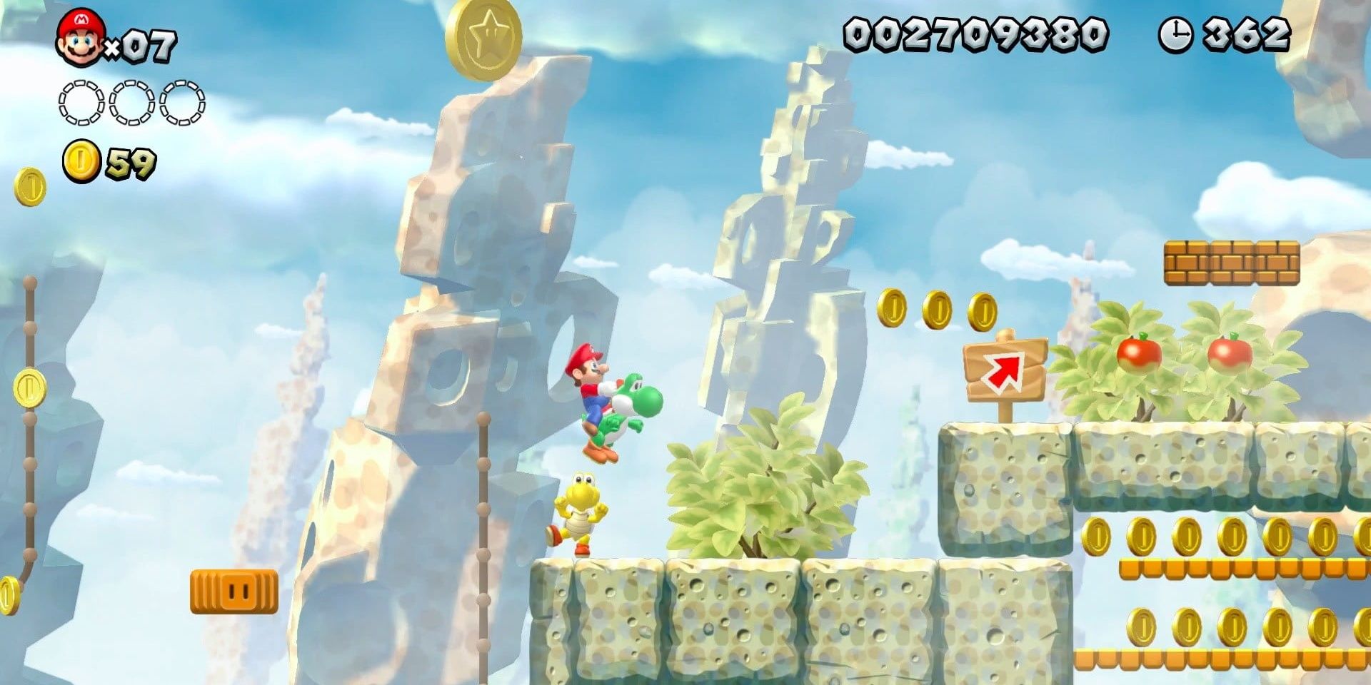 New Super Mario Bros Wii jumping with Yoshi in mountan platforming stage