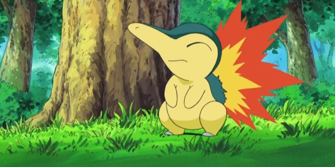 Cyndaquil dangerously standing in a forest in the Pokemon anime