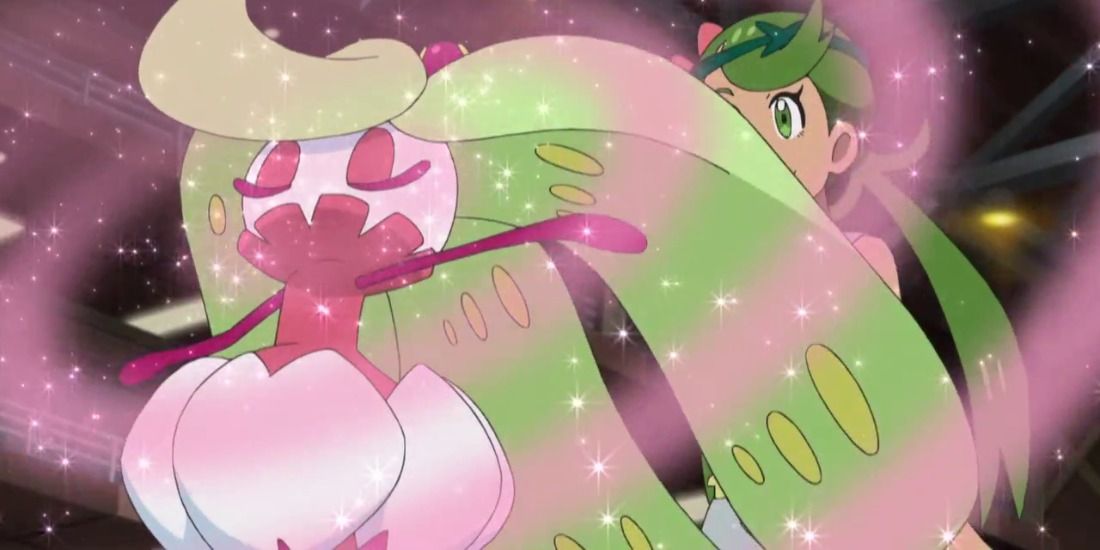 Pokemon Anime Tsareena uses Sweet Scent making the air sparkle.