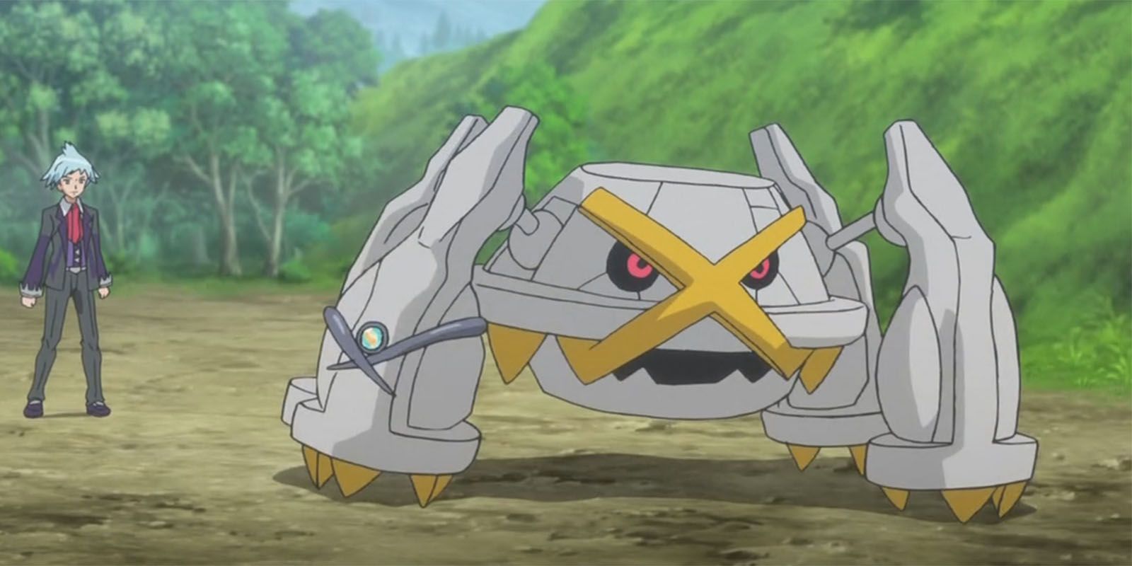 Pokemon Anime Shiny Metagross standing in front of its trainer, Steven.