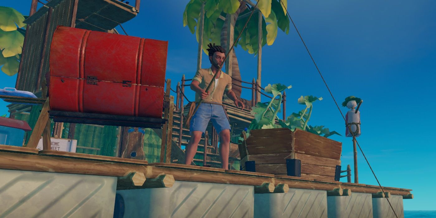 A player fishing off the side of a raft in Raft