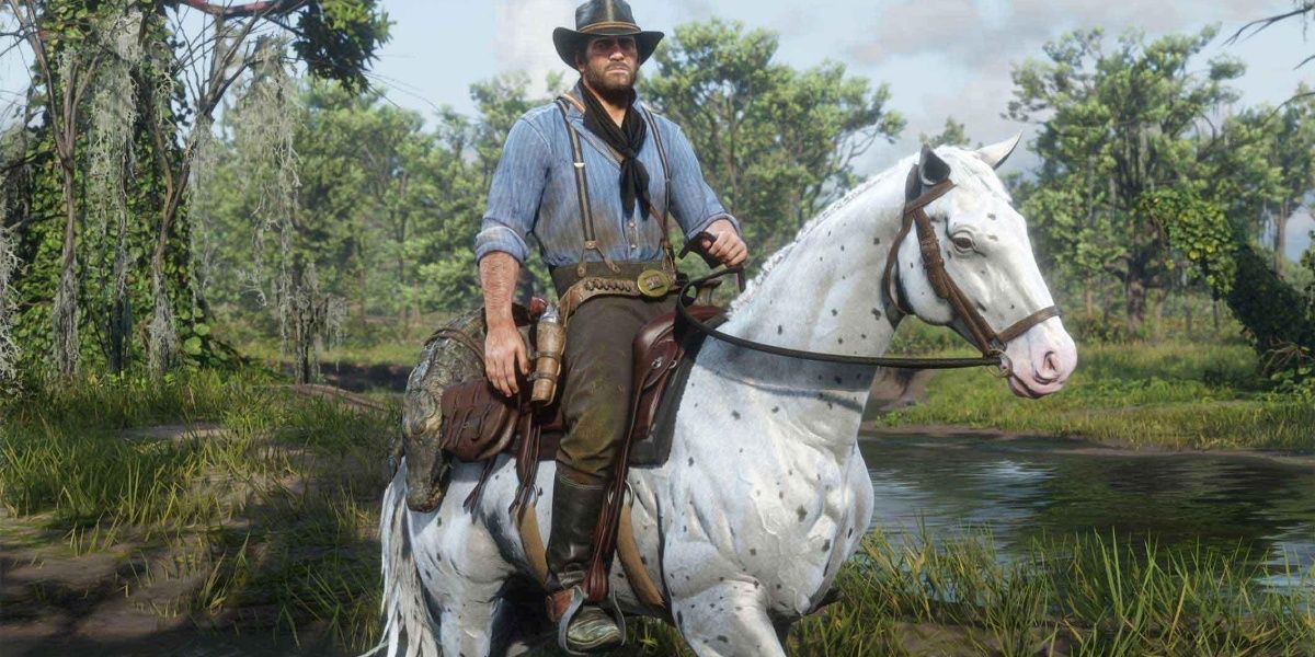 White horse and Arthur Morgan in Red Dead Redemption 2