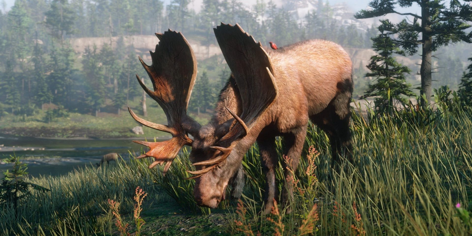 Red Dead Redemption 2 Moose and Songbird in a forest near a river