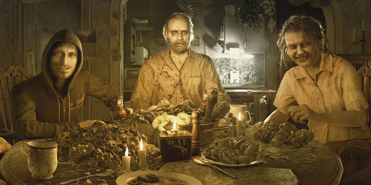 Resident Evil 7 characters sitting at the table with disgusting food, bloody and injured