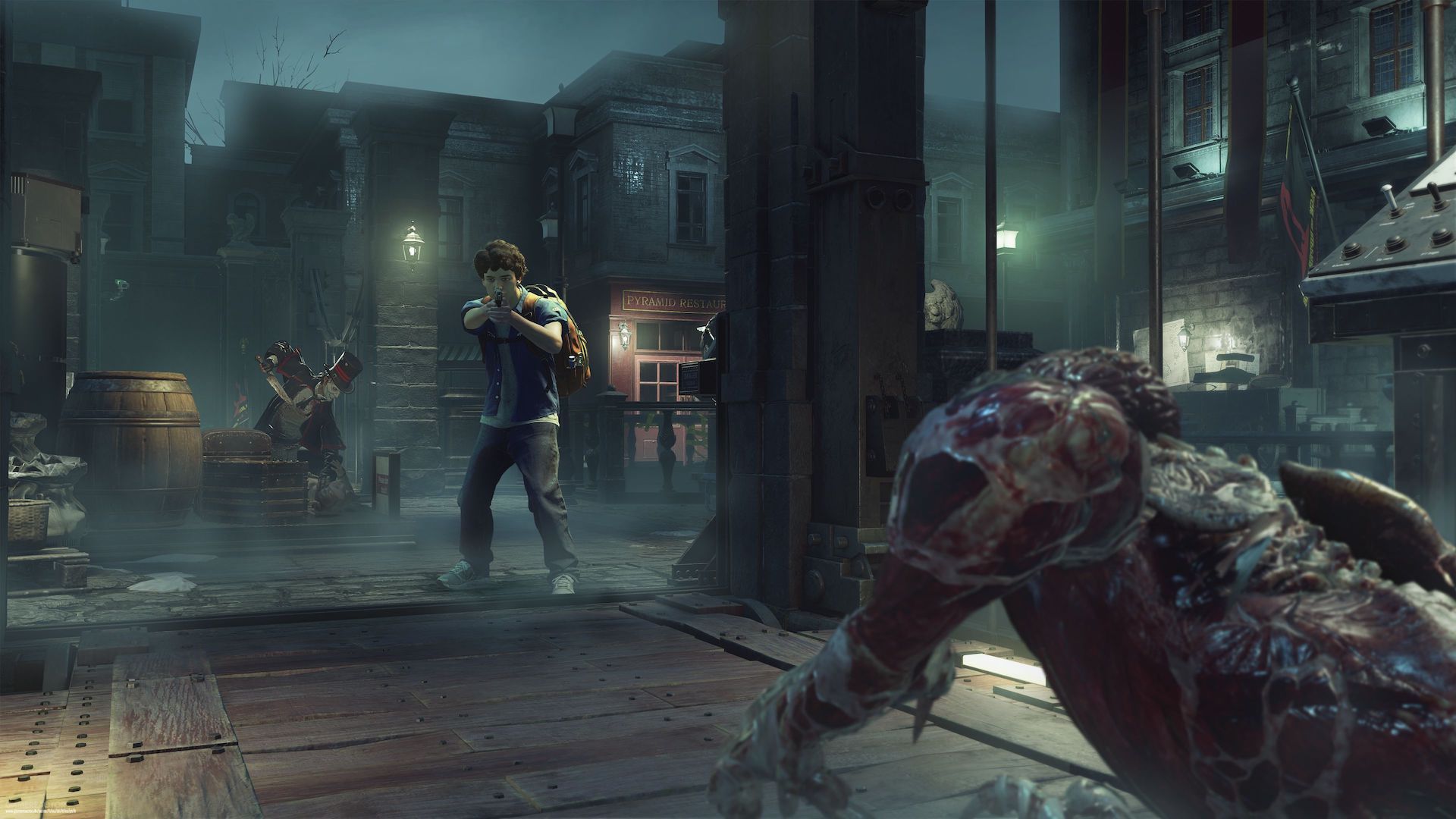 A survivor shoots a zombie in Resident Evil Resistance.