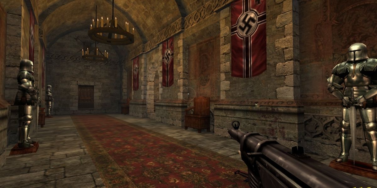 Inside a castle full of armored statues and nazi flags.