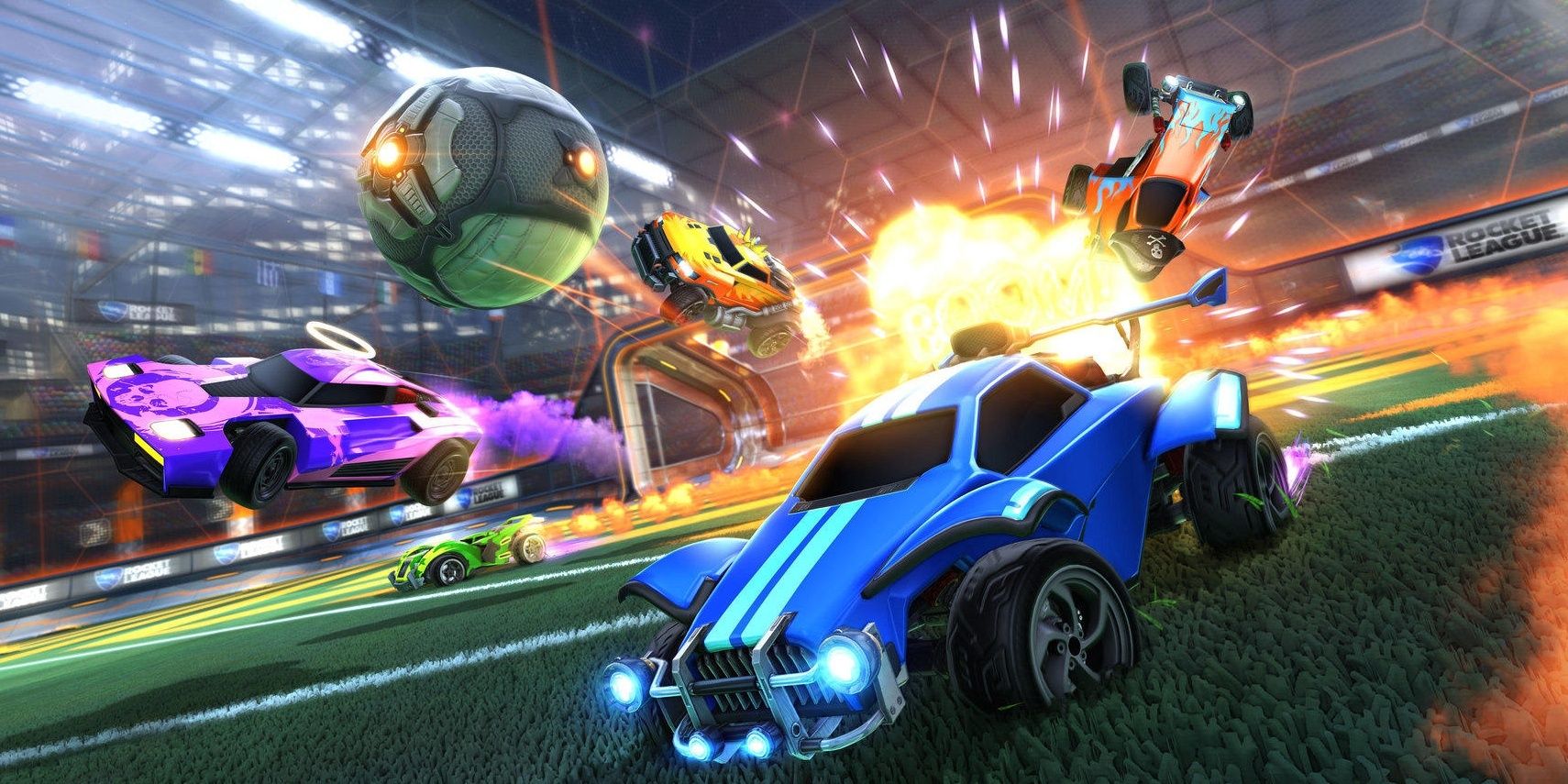 Rocket League Shot of Ball flying through the air with explosion in background and car in foreground