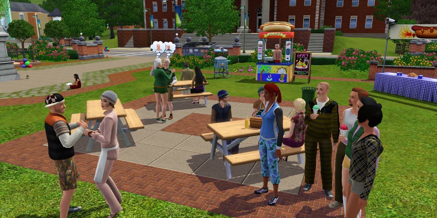 Sims gathering near a food truck