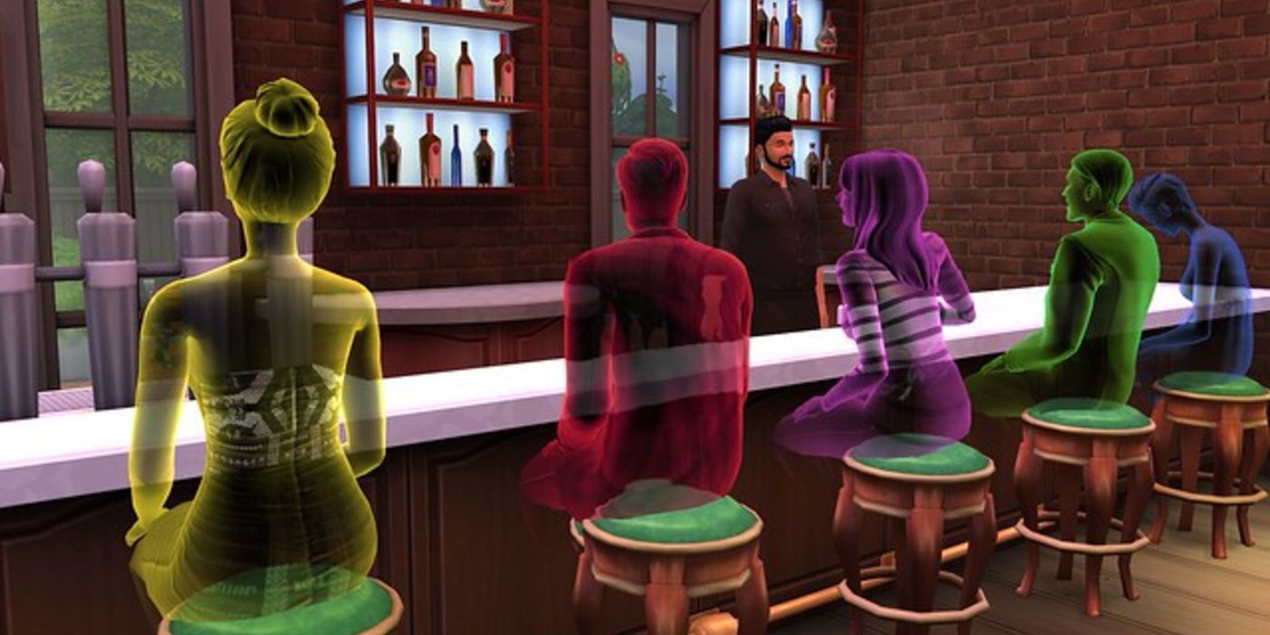 Five ghosts sitting at a bar.