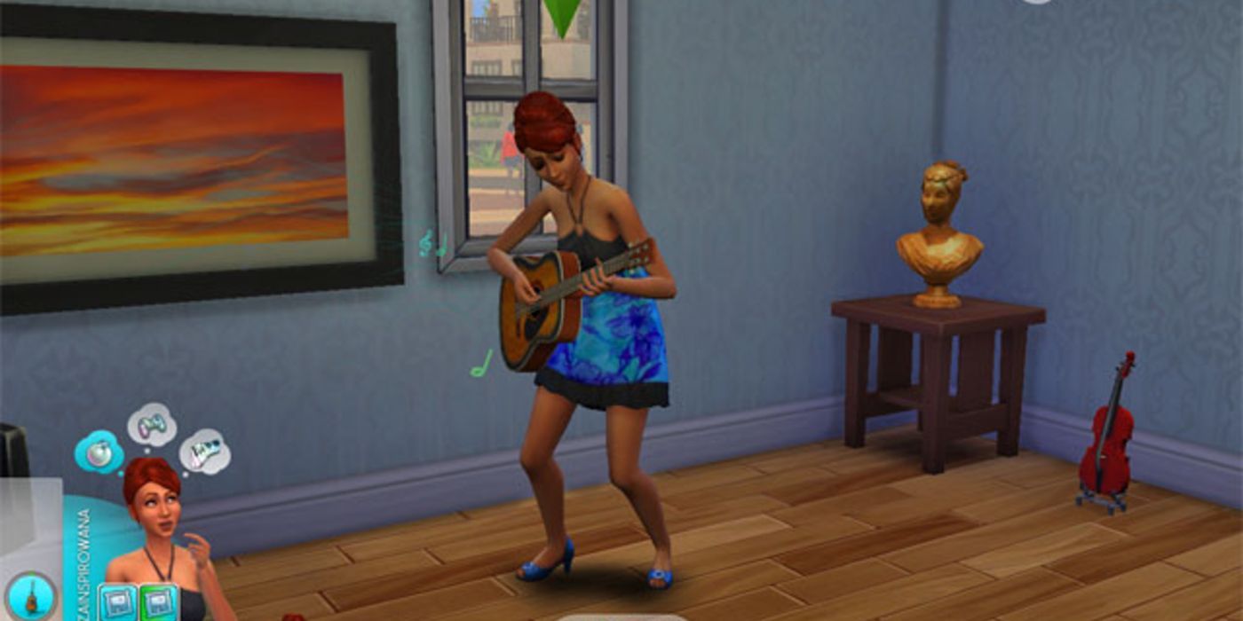 Sims 4: Female sim inspired while playing guitar