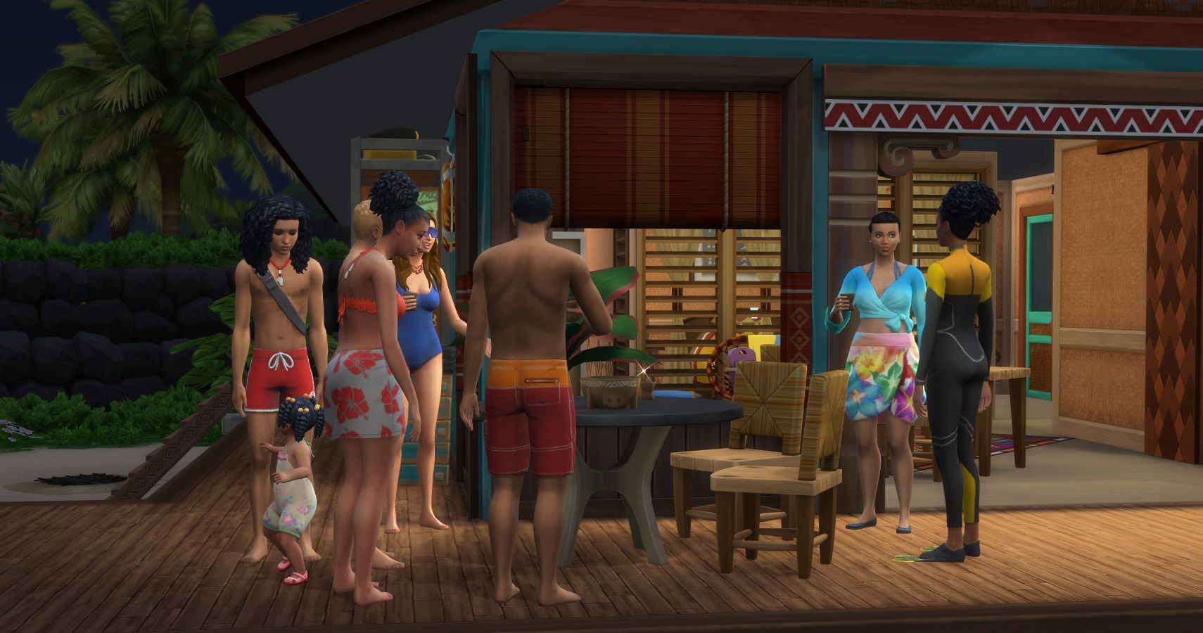A sim family having a kava party on their deck in Sulani.