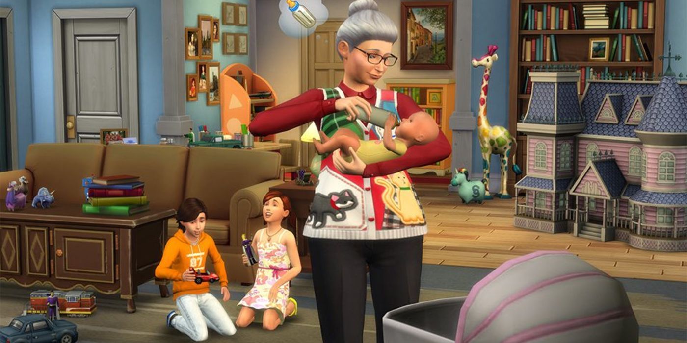 A nanny in the Sims 4 taking care of a baby, with two child sims in the background
