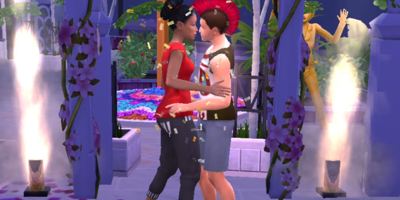 Two Sims about to kiss with confetti and flares around them in The Sims 4