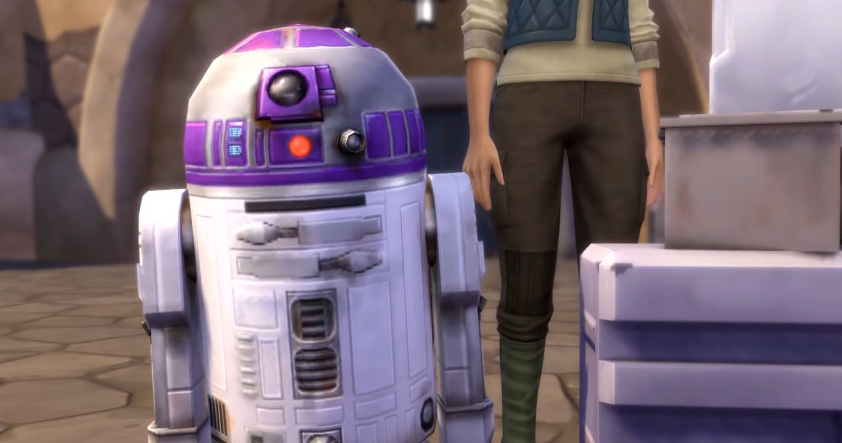 Close up of an R unit droid resembling R2D2.