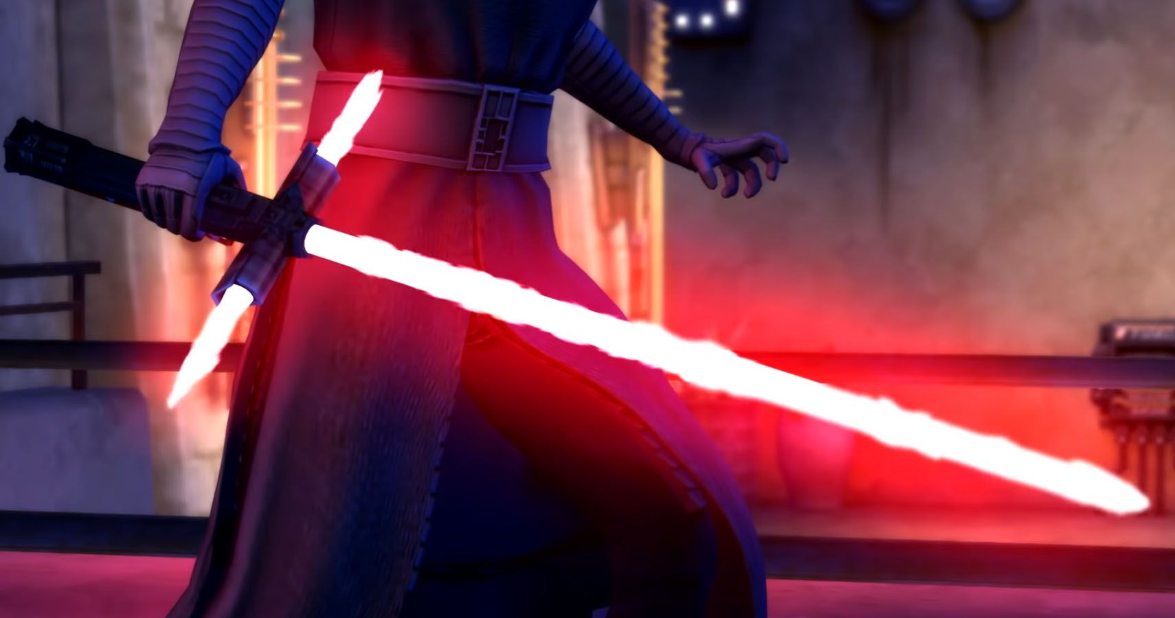 Close up of Kylo Rens lightsaber as he holds it.