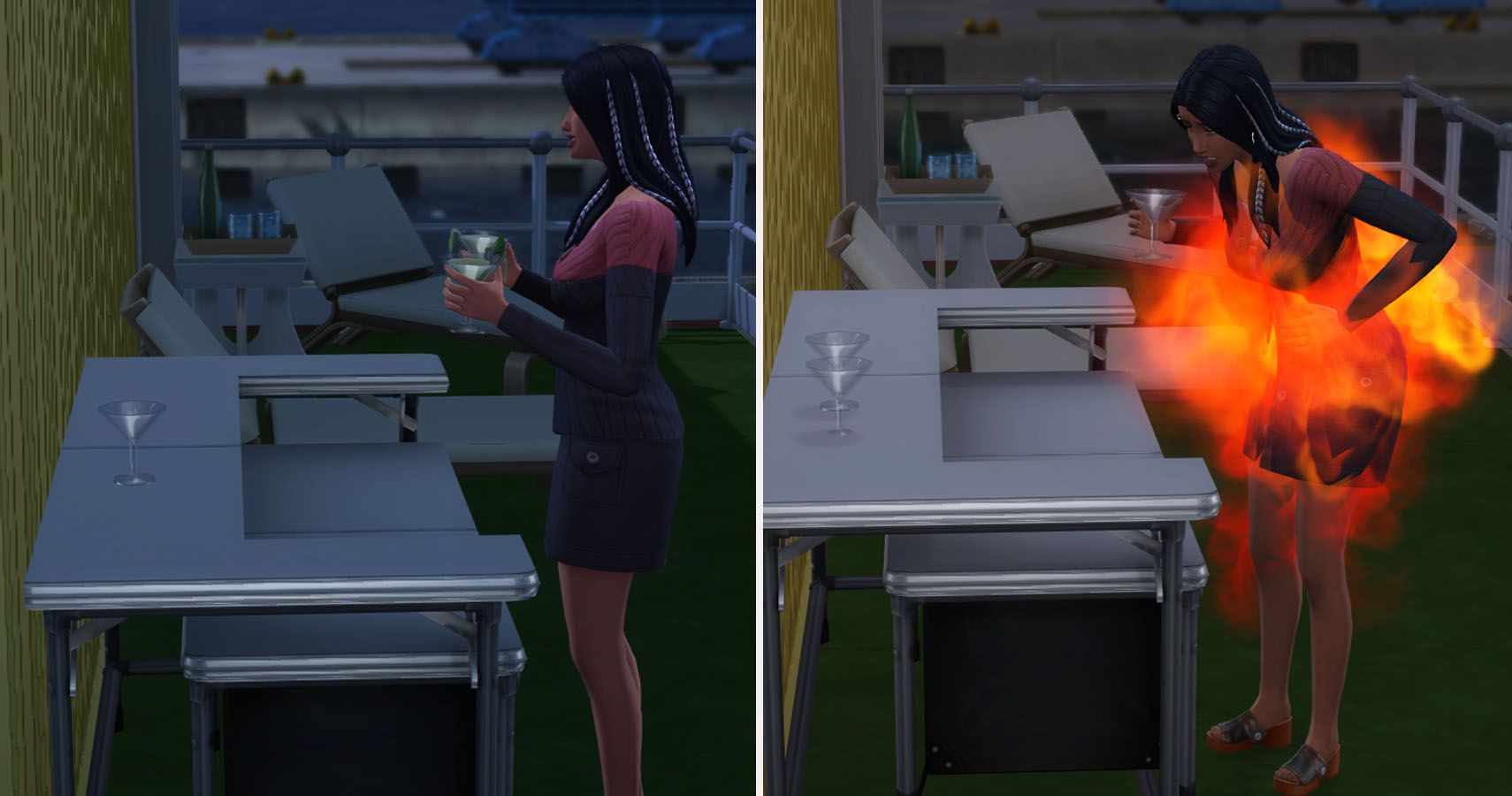 A sim drinking beetlejuice at a bar followed by the same sim beginning to catch fire.