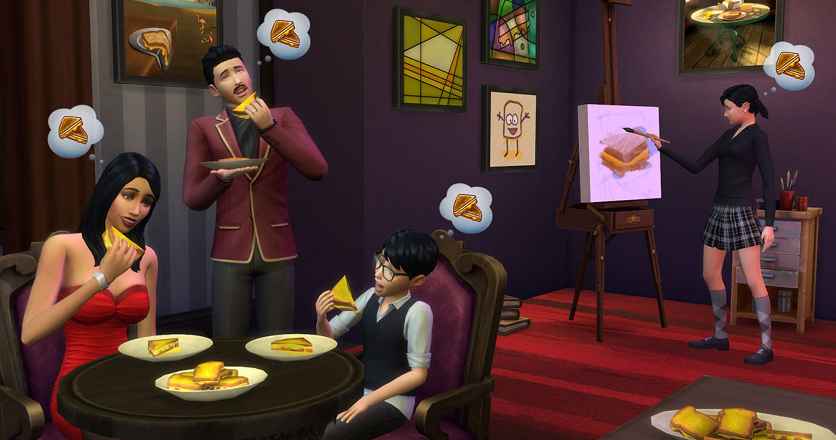 Bella, Mortimer and Alexander Goth eat grilled cheese as Cassandra paints it.