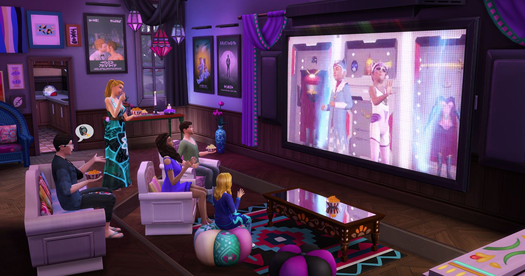 Sims gathered in a lounge to watch a movie on a huge tv.