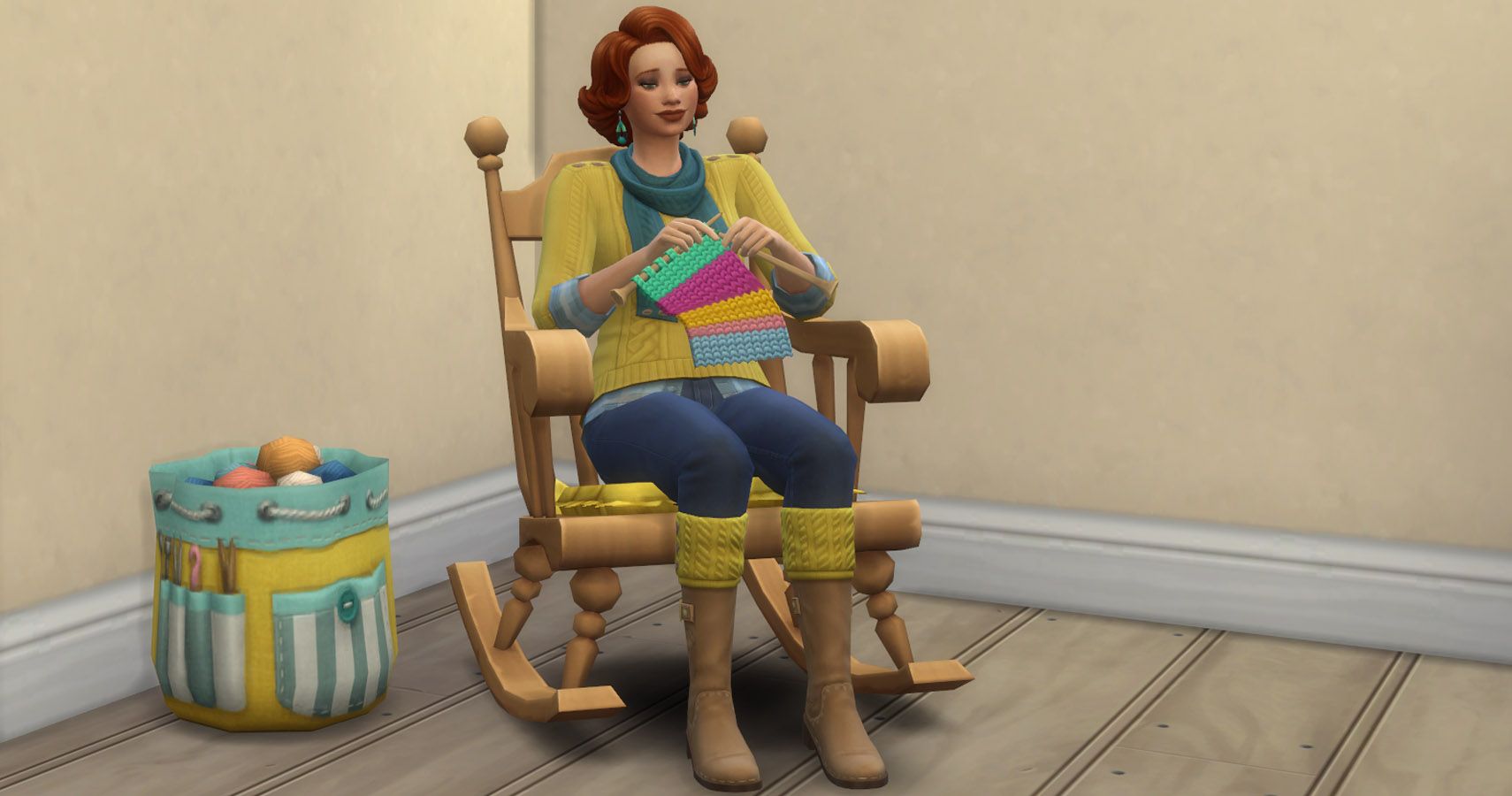 A sim sitting on a rocking chair and knitting.