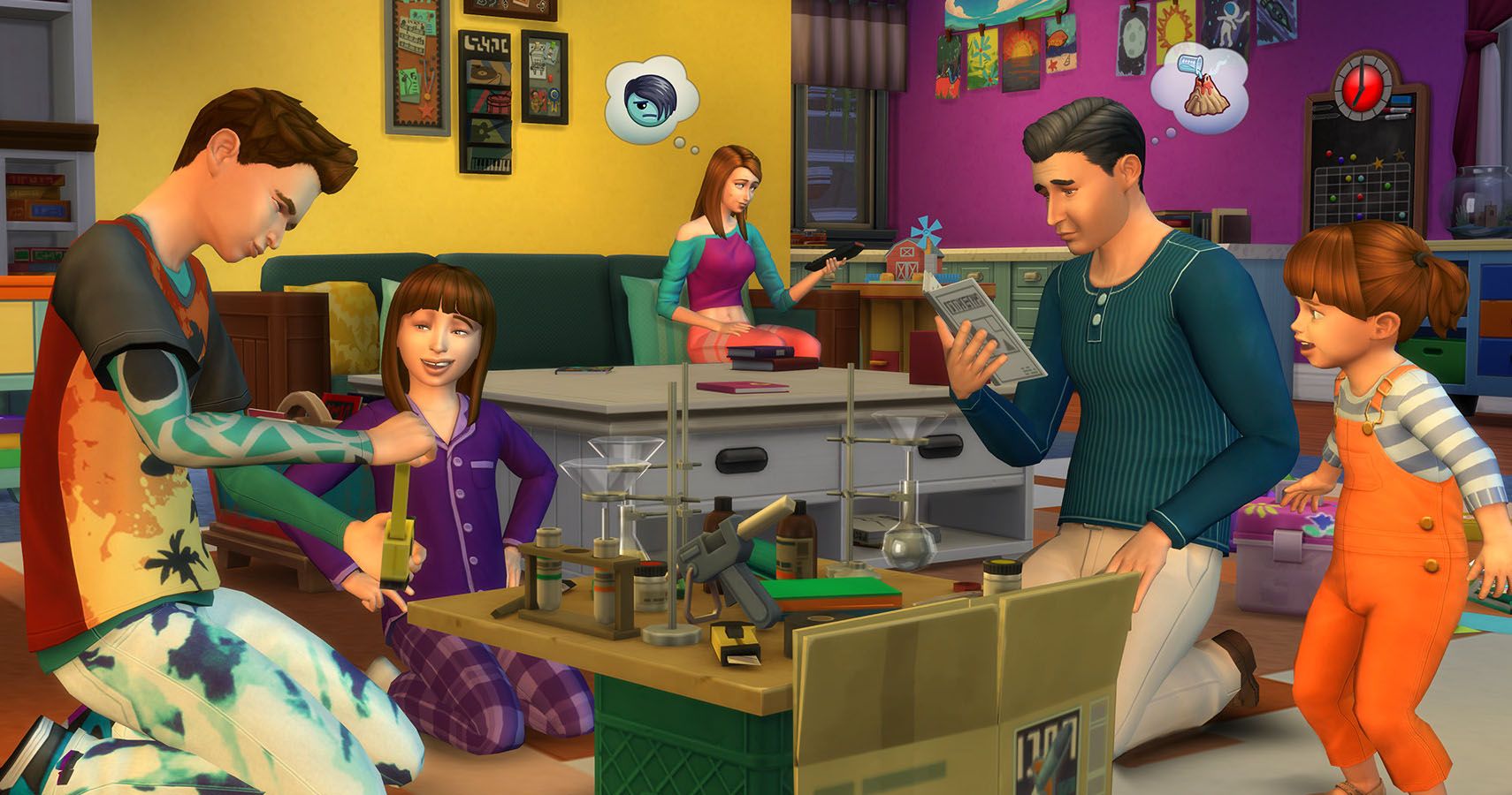 A sim family working together on school projects.