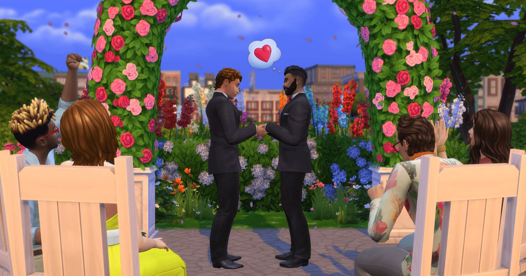 Two male sims getting married.