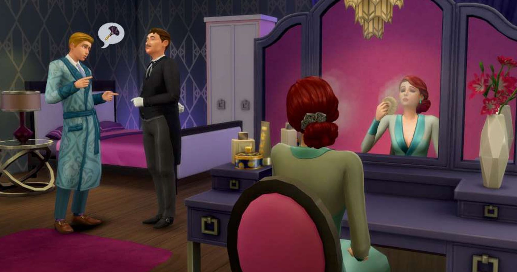 A sim putting on makeup with a butler behind her