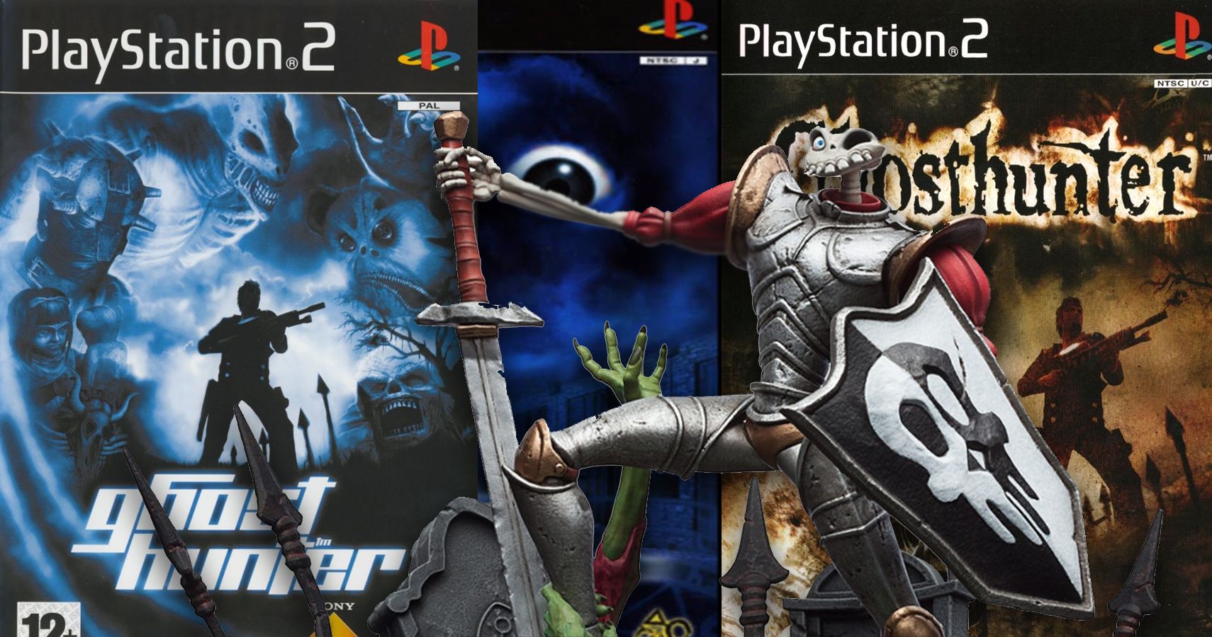 Sir Dan from MediEvil in front of covers of Ps2 Game Ghost Hunter