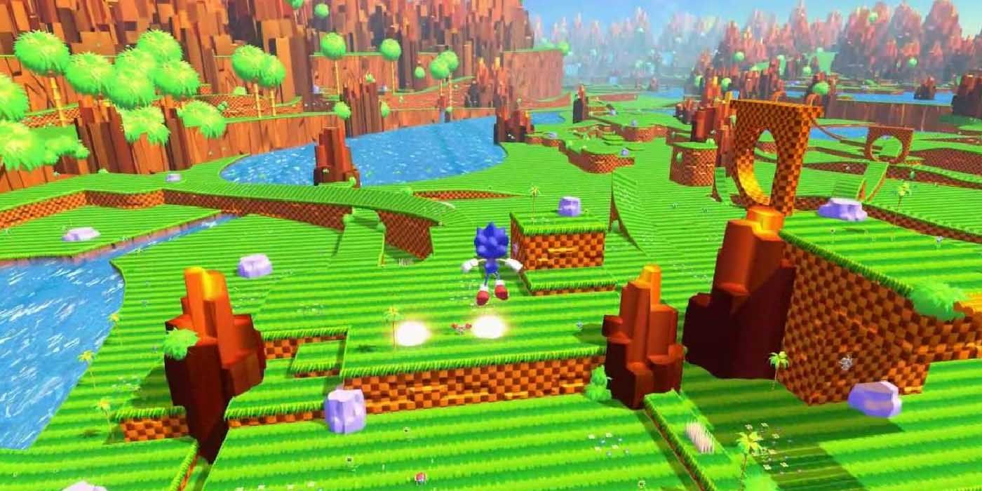 Sonic jumping in mid-air high above the ground in Sonic Utopia.