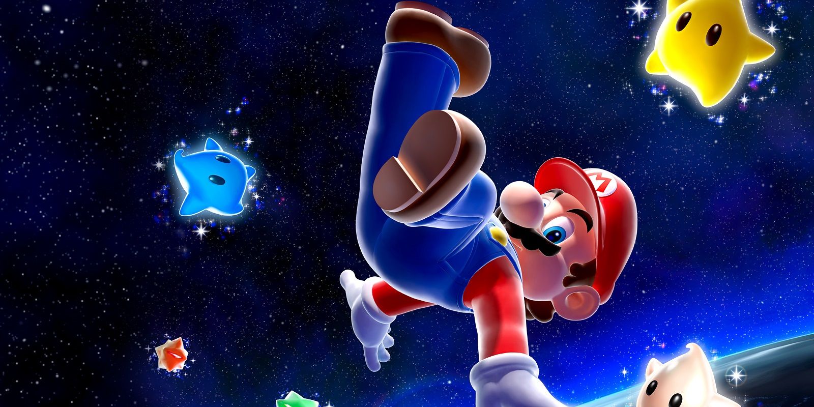 Mario upside down in space with stars in Super Mario Galaxy 