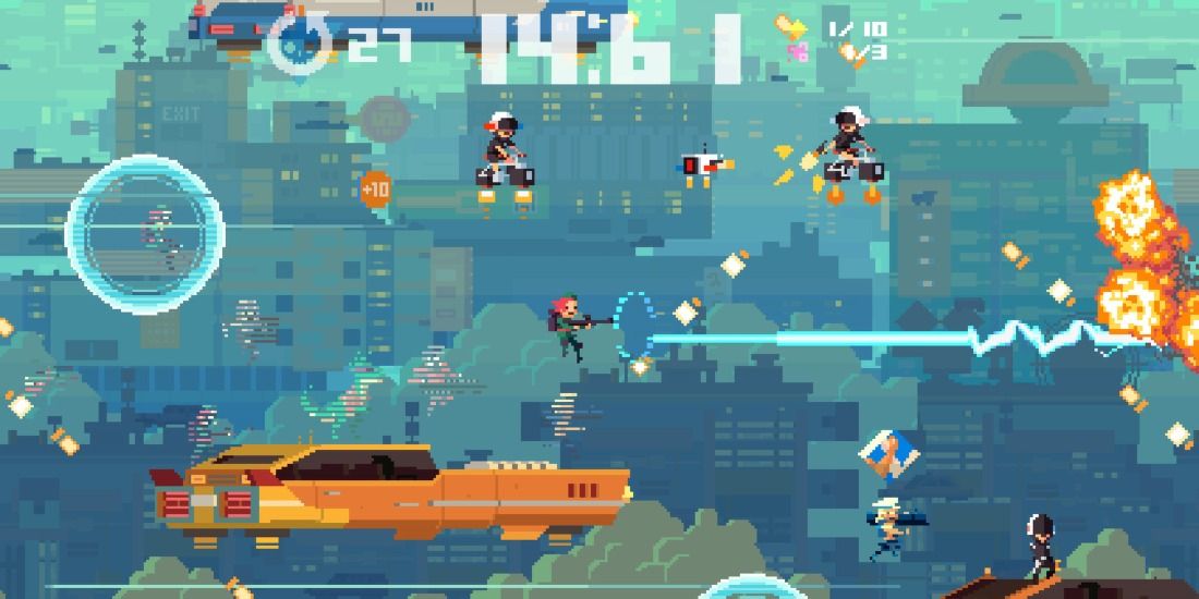 Jumping on flying cars in Super Time Force Ultra