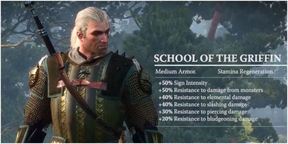 Geralt wearing the School of the Griffin armor set next to the armor stats