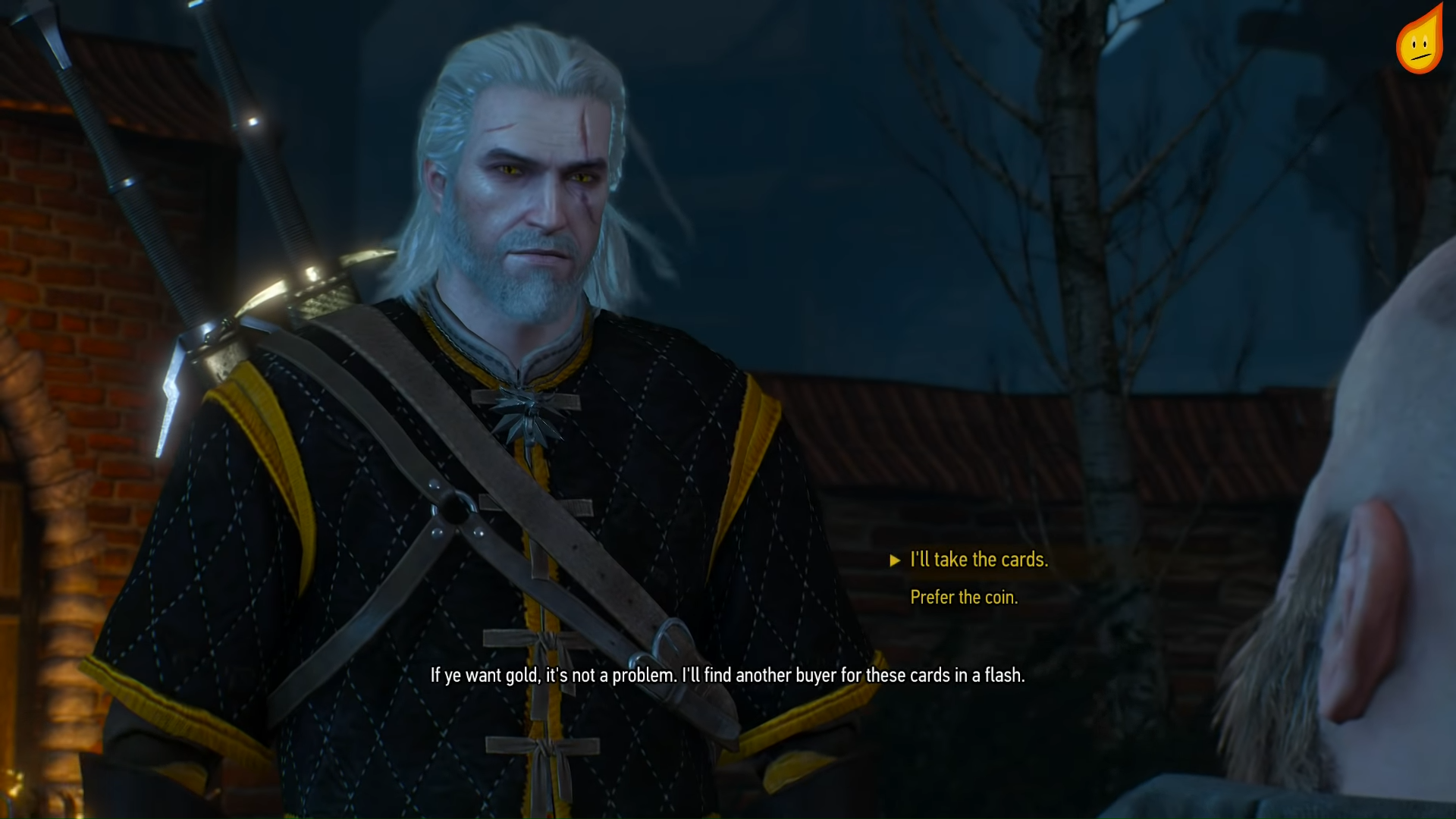 Screenshot of Geralt speaking to NPC about taking cards